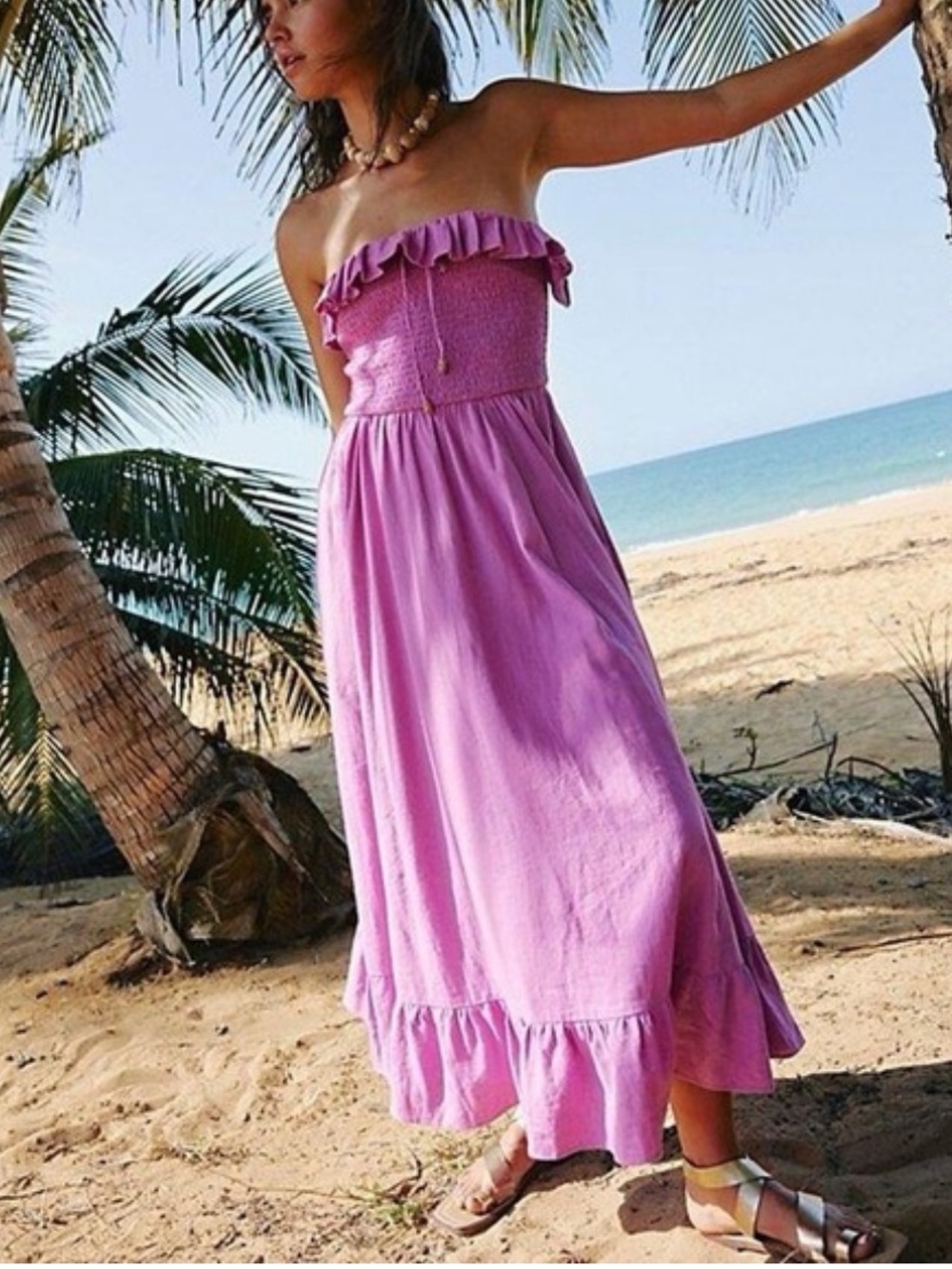 Free People Lush Life Linen Strapless Midi Dress in Magenta